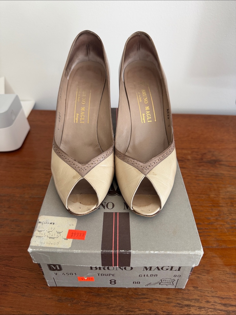 Bruno Magli vintage 80’s Taupe and Cream Peep-Toe Pumps